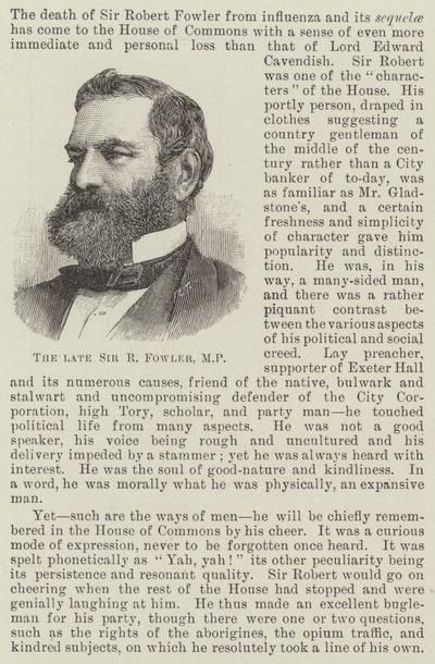 De overleden Sir R Fowler, MP door English School