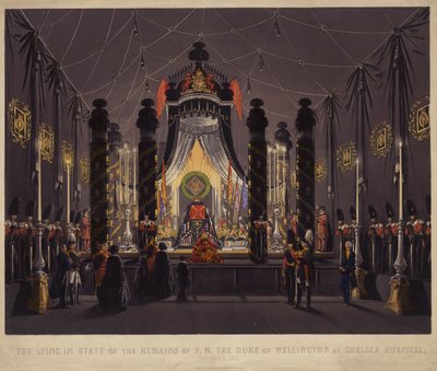 De lijkstaat van de overblijfselen van F M De Hertog van Wellington in Chelsea Hospital, november 1852 door English School