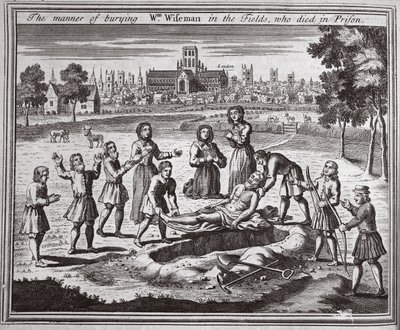 De manier van begraven van Wm Wiseman in de velden, die in de gevangenis stierf, illustratie uit Foxes Martelaren ca. 1703 door English School
