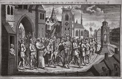 De manier van het dragen van Nicholas Burton door de stad Sevilla naar de plaats van zijn martelaarschap, illustratie uit Foxes Martelaren ca. 1703 door English School