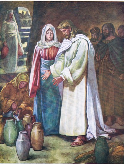 De bruiloft van Kana, uit Het Bijbel Prentenboek uitgegeven door Thomas Nelson, c.1950 (kleur litho) door English School
