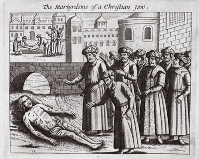 Het martelaarschap van een christelijke Jood, illustratie uit Handelingen en Monumenten van John Foxe, negende editie, uitgegeven 1684 door English School