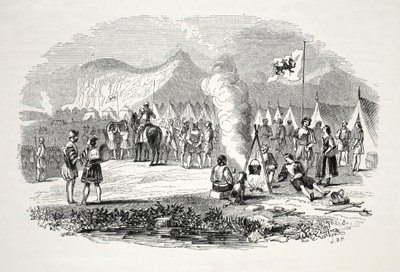 De ontmoeting van de Noord- en Zuid-Welshe stamhoofden bij de Breiddyn Hills, op weg naar Bosworth-veld, 19e eeuw door English School