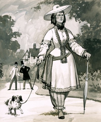 De mid-Victoriaanse mode voor dames die bloomers dragen werd uitgevonden door een mevrouw Bloomer door English School