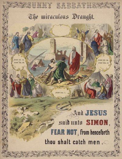 De wonderbaarlijke vangst (gekleurde gravure) door English School