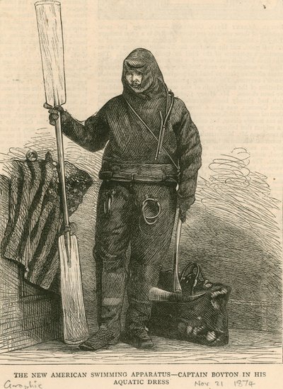 Het nieuwe Amerikaanse zwemapparaat - Captain Boyton in zijn aquatische kleding door English School