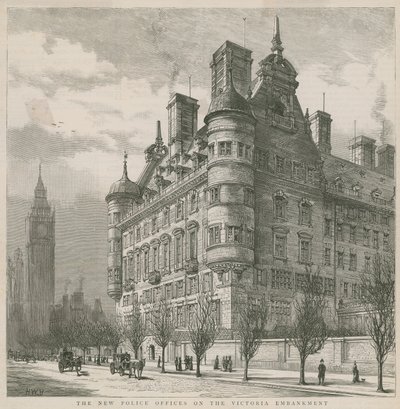 De nieuwe politiebureaus op de Victoria Embankment door English School