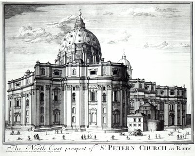 Het noordoostelijke uitzicht van de St. Pieterkerk, Rome, gegraveerd door H. Hulfbergh door English School