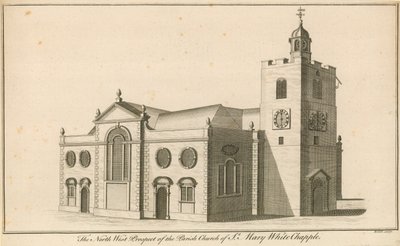 Het noordwestelijke uitzicht van de parochiekerk van St. Mary, Whitechapel, Londen door English School