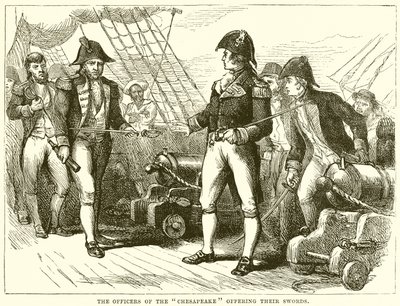 De officieren van de Chesapeake bieden hun zwaarden aan door English School