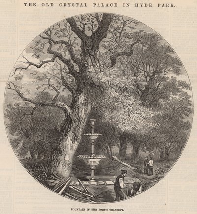 Het oude Crystal Palace in Hyde Park: fontein in de noordelijke transept door English School