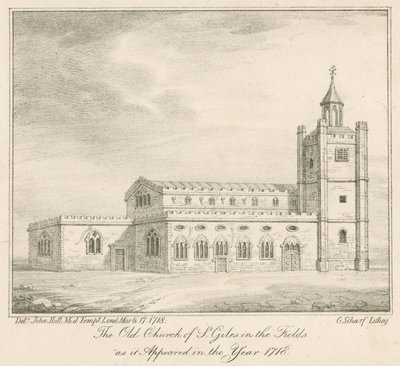 De oude kerk van St Giles in the Fields, Londen, zoals het verscheen in het jaar 1718 door English School