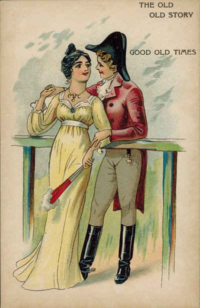 Het oude verhaal, liefde in regentijden (chromolitho) door English School