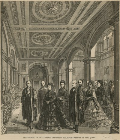 De opening van de gebouwen van de Universiteit van Londen - aankomst van de koningin door English School