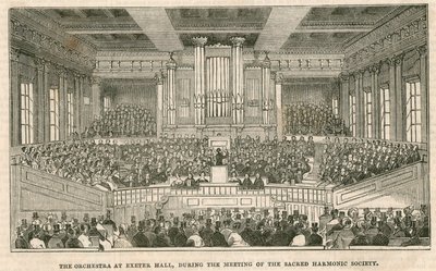 Het orkest in Exeter Hall, Londen, tijdens de bijeenkomst van de Sacred Harmonic Society door English School