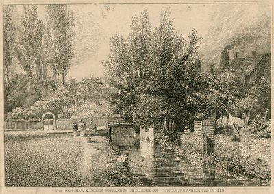 De oorspronkelijke tuin ingang van Bagnigge Wells, opgericht in 1680 door English School