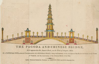 De pagode en brug, zoals het verscheen in St Jamess Park, Londen, op 1 augustus 1814 door English School