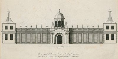 Het uitzicht van Montague House naar de straat, Londen door English School