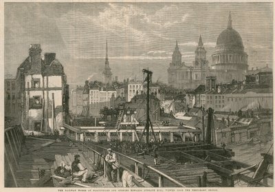 De spoorwegwerken bij Blackfriars en opening richting Ludgate Hill, Londen, gezien vanaf de tijdelijke brug door English School