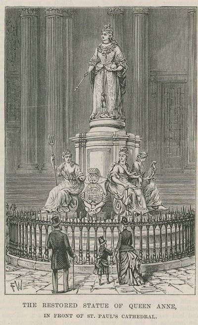 Het gerestaureerde standbeeld van Koningin Anne door English School