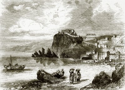 De rots en stad van Scylla, kust van Sicilië door English School