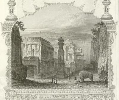 De rots uitgehouwen tempel van Kailah, Ellora, India door English School