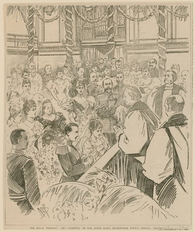 Het koninklijk huwelijk, de ceremonie bij het altaar, Buckingham Palace Chapel, 23 juli 1896 door English School
