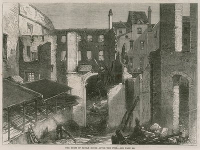 De ruïnes van Savile House, Leicester Square, Londen, na de brand door English School