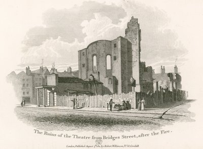 De ruïnes van het Koninklijke Theater, Drury Lane, vanaf Bridges Street door English School