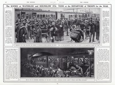De scènes op Waterloo en Hounslow Stations bij het vertrek van troepen naar de oorlog, Eerste Wereldoorlog, augustus 1914 door English School