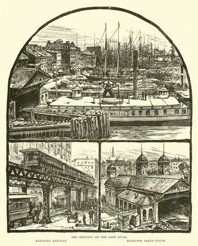 De scheepvaart op de East River; Verhoogde spoorweg; Hamilton veerhuis door English School