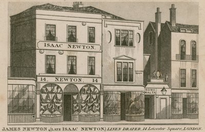 De winkelpui van Isaac Newton, linnenhandelaar van 14 Leicester Square, Londen door English School