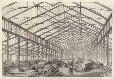 De tentoonstelling van Amerikaanse planten in het Ashburham Paviljoen, Cremorne Gardens door English School