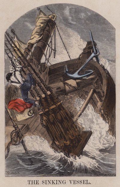 Het zinkende schip (gekleurde gravure) door English School