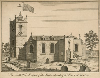 Het zuidwestelijke uitzicht van de parochiekerk van St. Pauls in Shadwell, Londen door English School