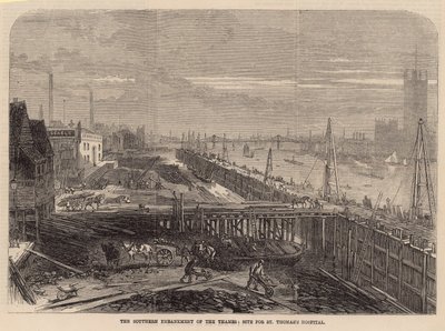 De zuidelijke Embankment van de Thames; locatie voor St Thomass Hospital door English School