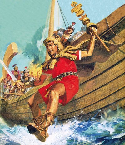 De vaandeldrager van het 10e legioen leidt de aanval op Brits grondgebied door English School