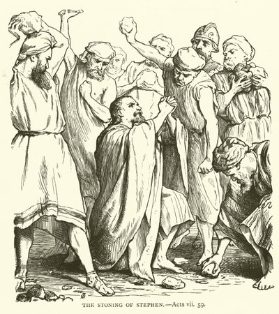 De steniging van Stefanus, Handelingen, vii, 59 (gravure) door English School
