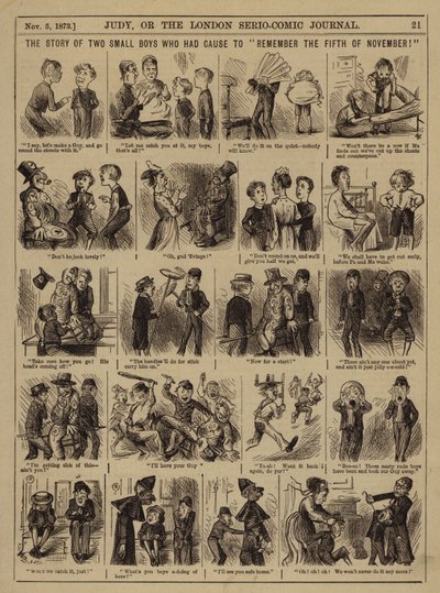 Het verhaal van twee kleine jongens die reden hadden om "de vijfde november te onthouden" (gravure) door English School
