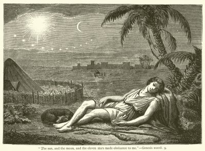"De zon, de maan en de elf sterren bogen voor mij", Genesis, xxxvii, 9 (gravure) door English School