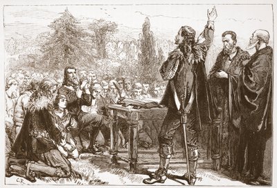 Het zweren en ondertekenen van het Nationale Verbond in Greyfriars Churchyard, Edinburgh, illustratie uit De Geschiedenis van het Protestantisme door James Aitken Wylie, 1878 door English School