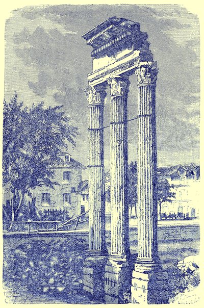 De drie zuilen bij de Tempel van Castor, illustratie uit Geschiedenis van Rome door Victor Duruy, gepubliceerd 1884 door English School