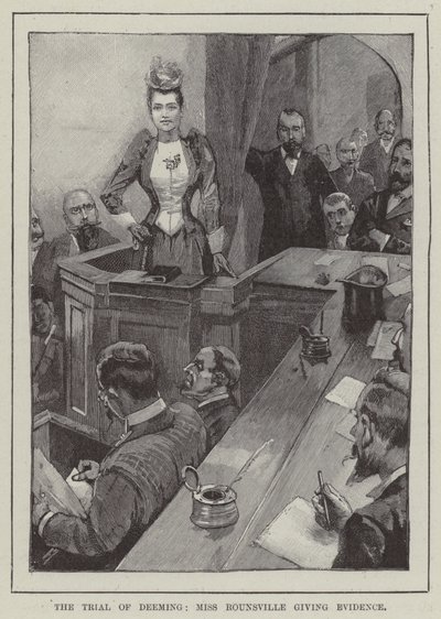 Het proces van Deeming, Miss Rounsville geeft bewijs (gravure) door English School