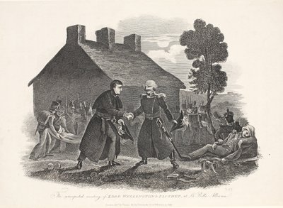 De onverwachte ontmoeting van Lord Wellington en Blucher bij La Belle Alliance, uitgegeven door T Kelly, 1811 door English School