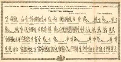 Het uitzicht op de processie in Westminster Abbey bij de kroning van Koning Willem IV en Koningin Adelaide door English School