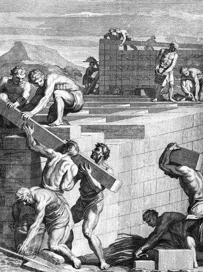 De muren van steden onder de Galliërs zijn gebouwd van afwisselende lagen stenen en balken, gegraveerd door Cornelis Huyberts, illustratie bij Caesars Commentaries vertaald in het Engels door William Duncan door English School