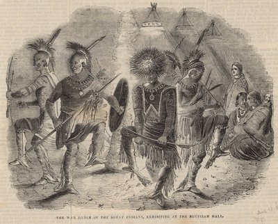 De oorlogsdans van de Ioway Indianen, tentoongesteld in de Egyptian Hall door English School