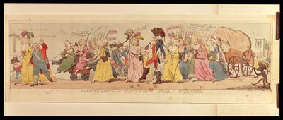 De vrouwen van Les Halles die Lodewijk XVI (1754-93) meenemen uit Versailles, uitgegeven door S.W. Fores, 1789 door English School