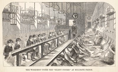 De werkplaats onder het stille systeem in de Millbank-gevangenis, illustratie uit The Criminal Prisons of London and Scenes from Prison Life door Henry Mayhew en John Binny, uitgegeven 1862 door English School