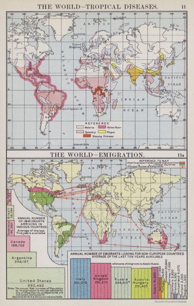 De wereld, tropische ziekten, De wereld, emigratie (kleur litho) door English School